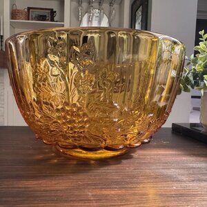Vintage Amber Glass Bowl with Grapes and Grape Vine Detail